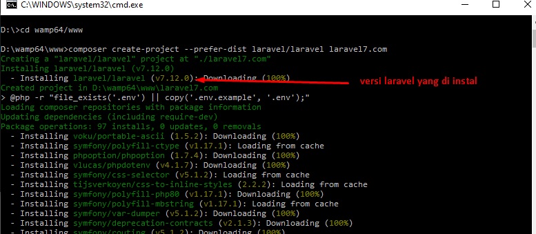 Proses instalasi project Laravel melalui jendela terminal