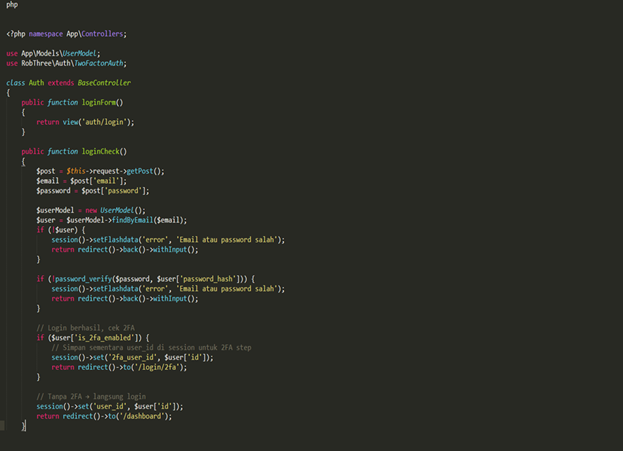 Konfigurasi Controller Auth 2FA Codeigniter 4 Jogjatech dot com