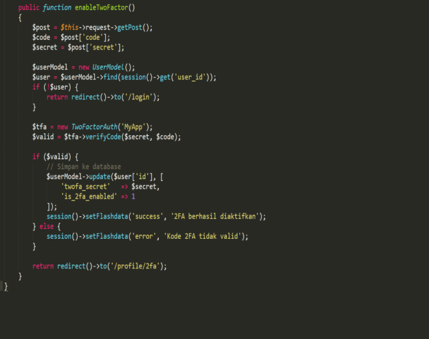 Konfigurasi Controllers 2FA Codeigniter 4 Function Enable Two Factor