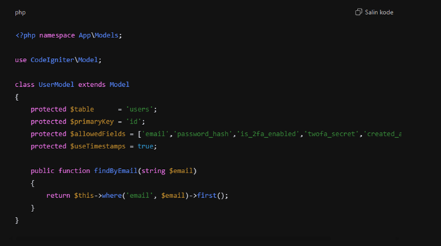 Konfigurasi Model User Codeigniter 4 2FA