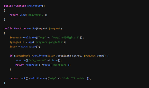 Controller Verifikasi MFA Setelah Login